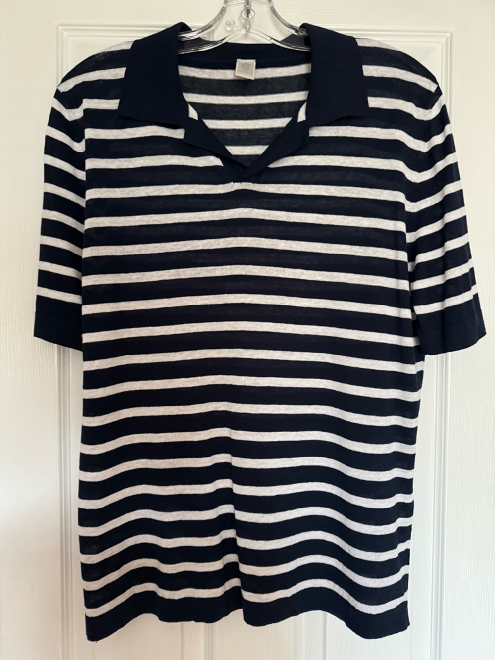 ELEVENTY Linen & Cotton Knitted Polo Shirt in Navy and White Stripes Large NWOT